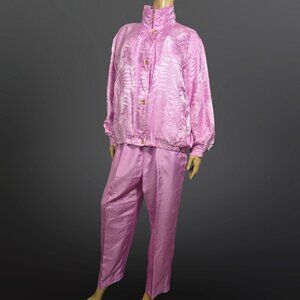 Vintage 80s Oleg Cassini Silk Jacket Pants Set Size XL Lilac Magenta Loungewear